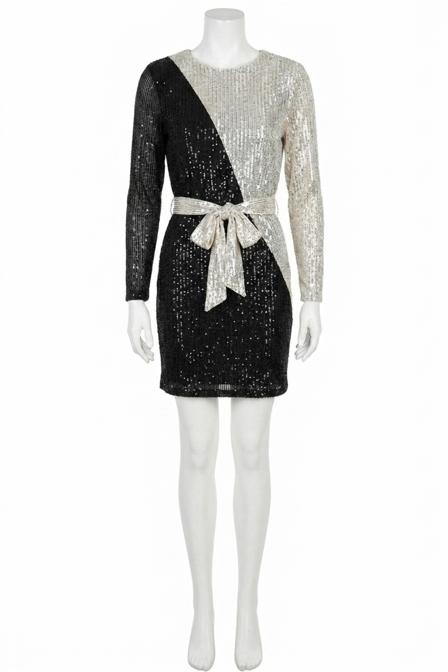 NEW SEE AND BE SEEN sequin color blocked long sleeve dress with sash in black an